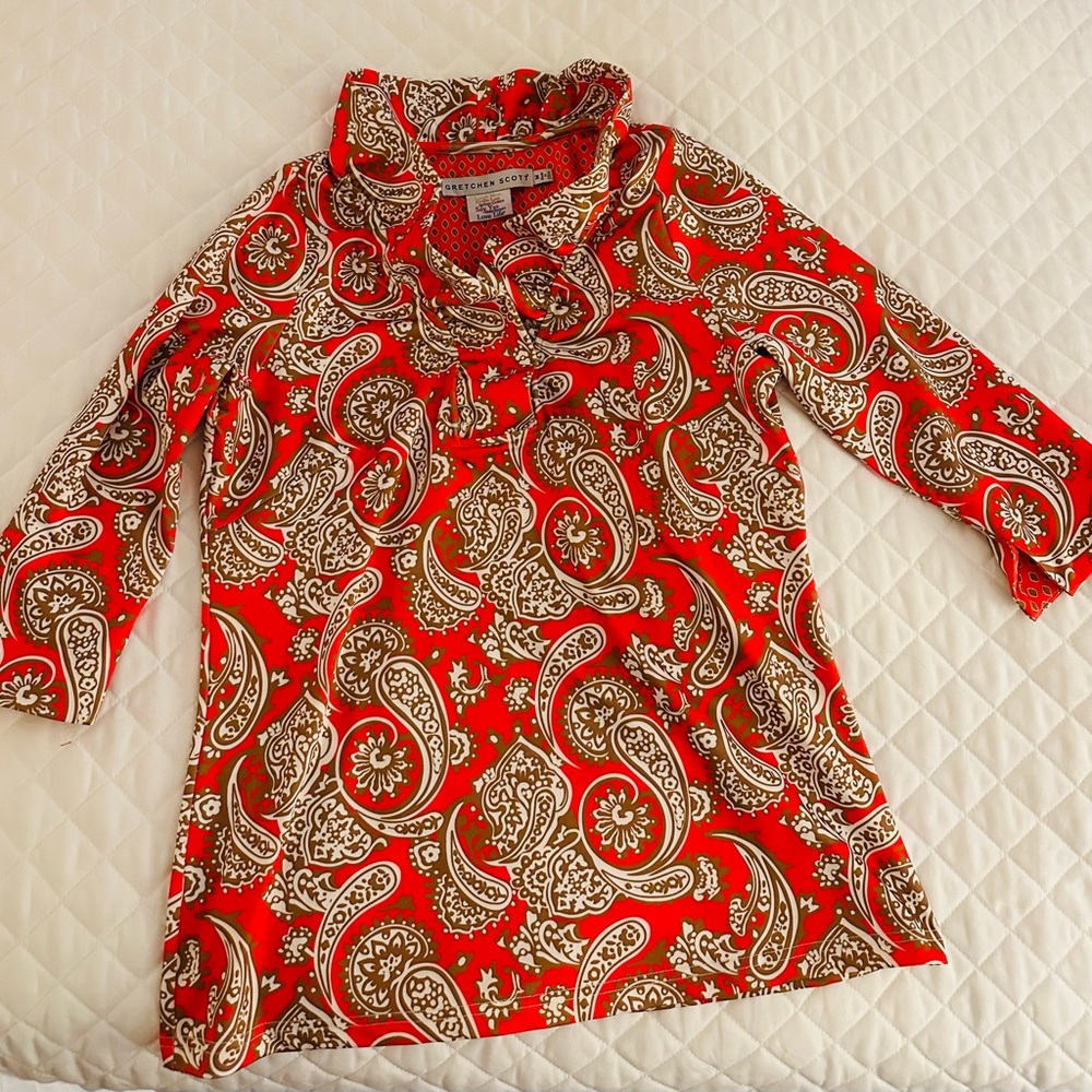 Gretchen Scott Designs Vibrant Red and Brown Paisley Top